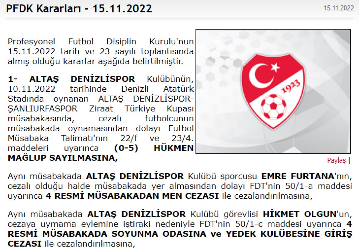 PFDK dan Denizlispor a hükmen mağlubiyet cezası #3