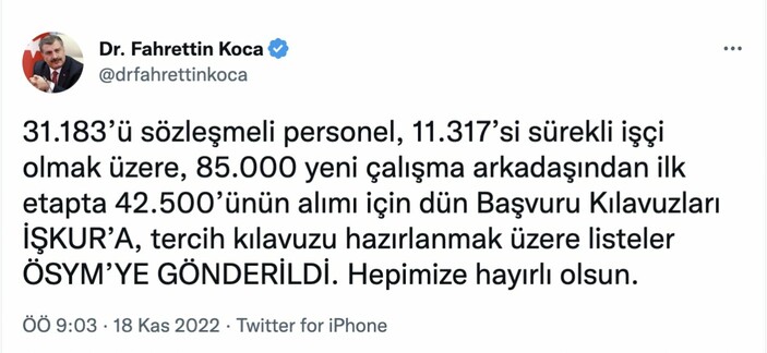 Fahrettin Koca'dan sağlık çalışanlarına müjde