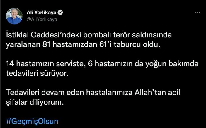 Terör saldırısında yaralananlardan 61'i taburcu edildi, 20'sinin tedavisi sürüyor