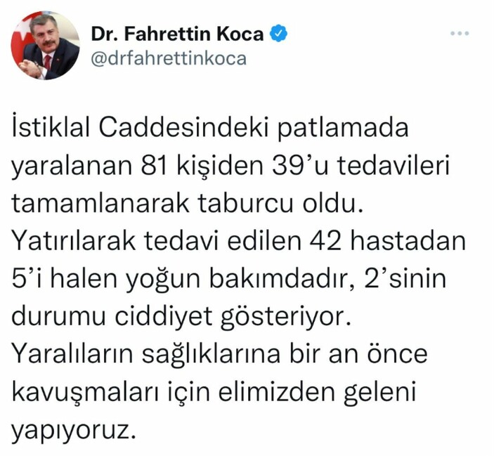 Sağlık Bakanı Fahrettin Koca'dan Beyoğlu'ndaki patlamayla ilgili açıklama