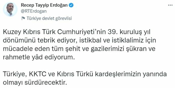 Cumhurbaşkanı Erdoğan, KKTC'nin 39. kuruluş yıl dönümünü kutladı